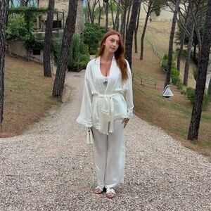 Huong Boutique White Silk Belted Lounge Set
